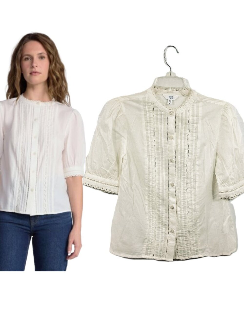 Time and Tru Puff Sleeve Button Down Blouse Lace Trim Ivory Women XS, Sz 0, Sz 2